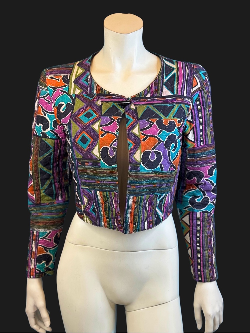 80s 90s IKAT Cropped Quilted Patchwork Bolero Jacket | S XS